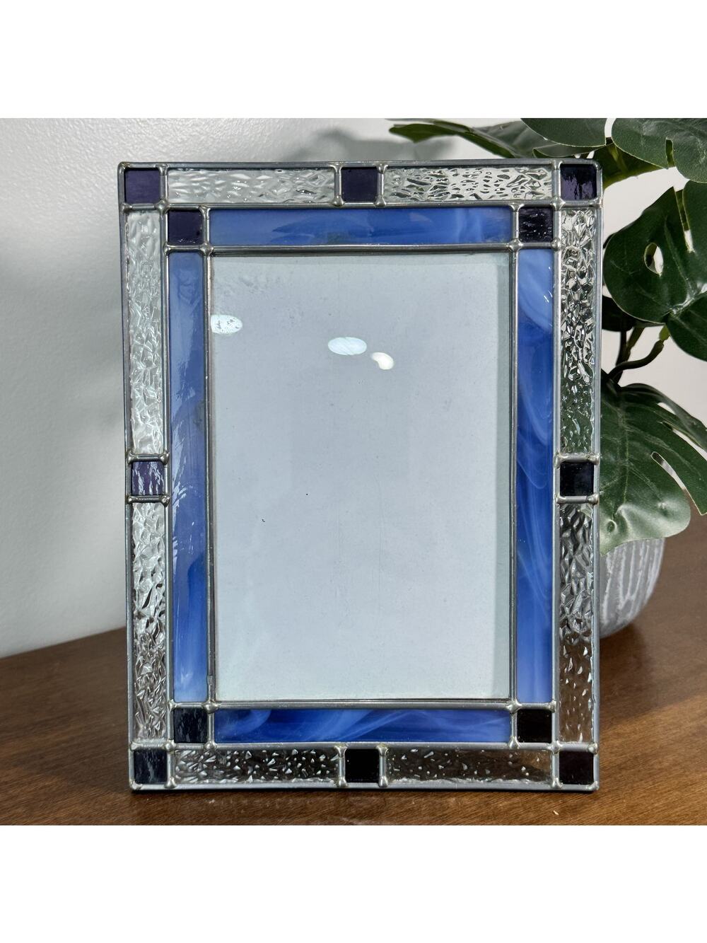 Stained Glass Photo Frame 4x6 Blue Clear Purple Black Art Nouveau Desk Display